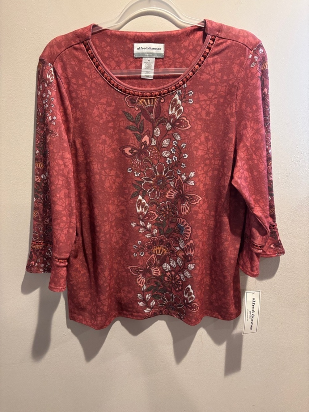 Alfred Dunner Rust Red Floral Scoop Neck Long Sleeve Top